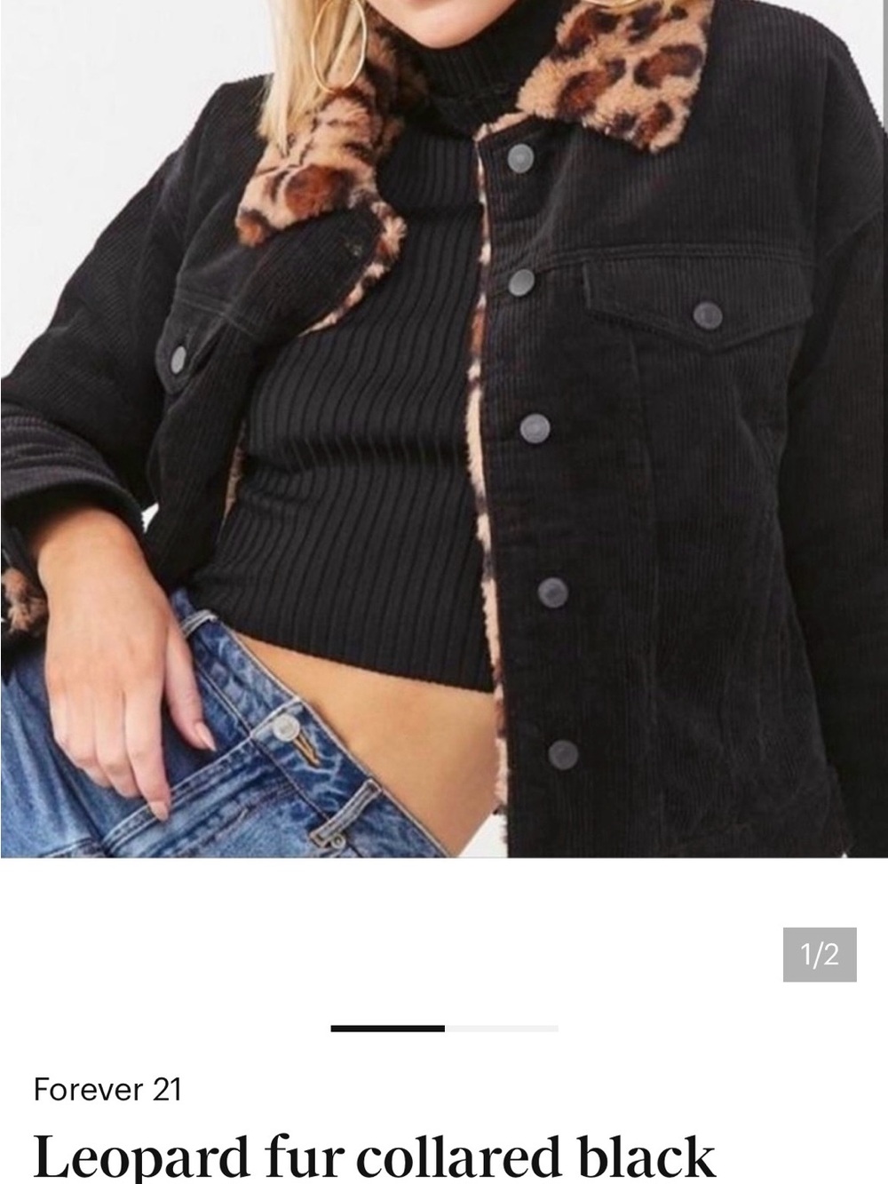 Forever 21 Black Corduroy Jacket with Leopard Fur Collar